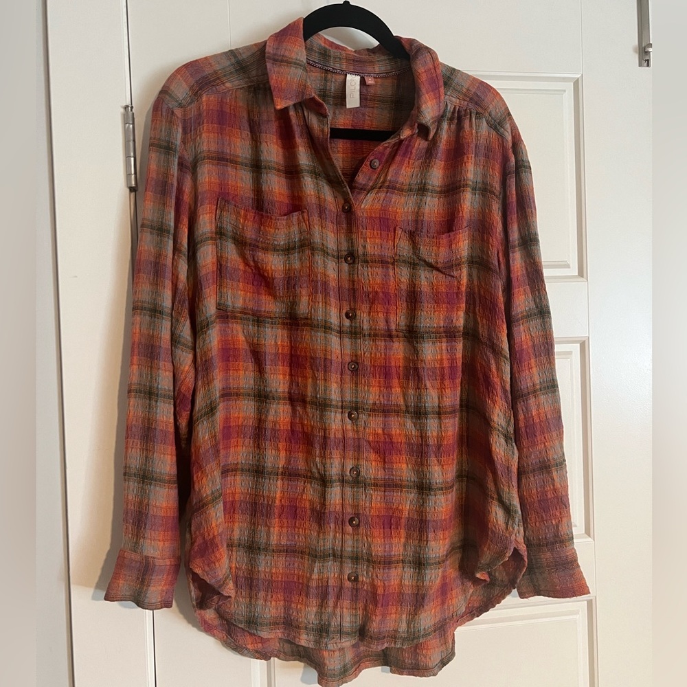 Anthropologie plaid button down shirt Pilcro, relaxed fit rust Maeve - Picture 3 of 7